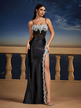 Spaghetti Strap Black Lace Mermaid Semi-Sheer Backless Baroque Long Dress With Train, Bridesmaid Gown